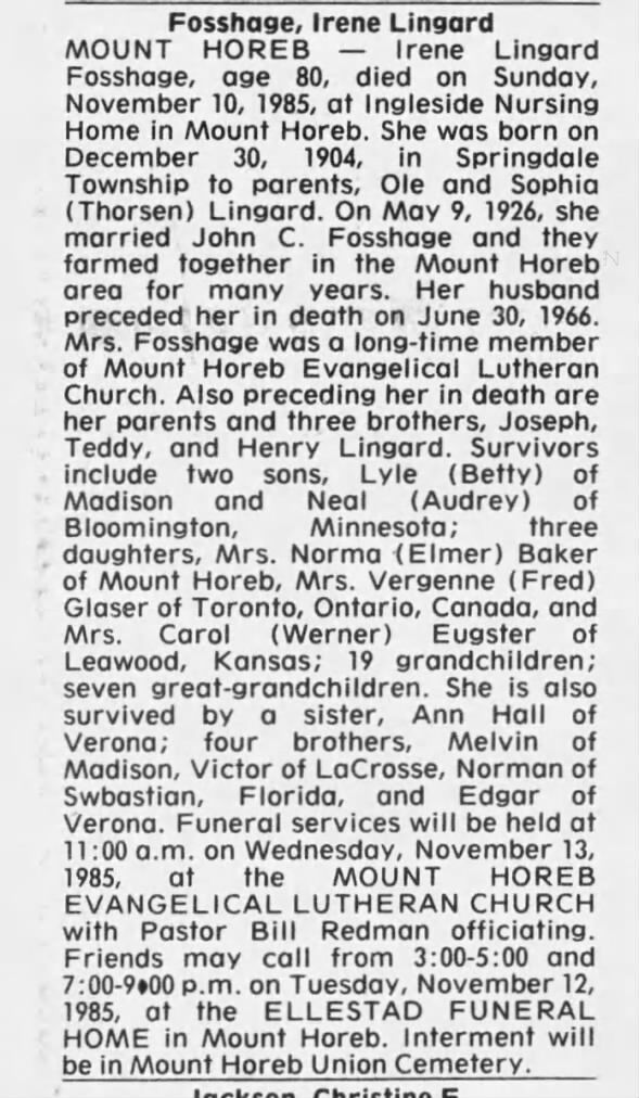 Irene Lingard Fosshage Obituary